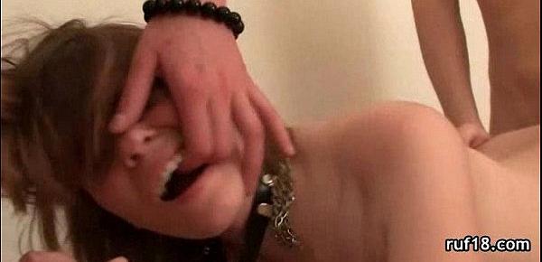  cute teen with tied hands loses her ball gag to take dick in her mouth